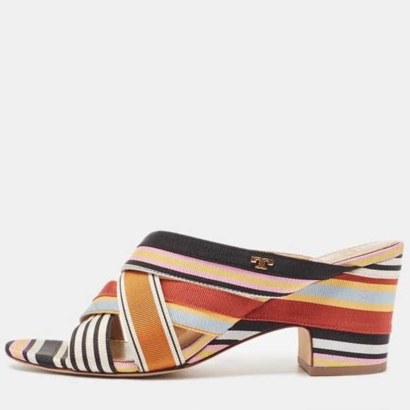 Tory Burch Multicolor Striped Grosgrain Graham 65mm Heel Mule Sandals EUC Sz 6 - Picture 1 of 12